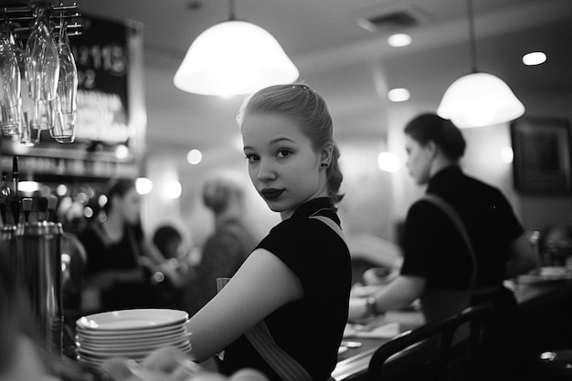 Celebrazione della Festa del Lavoro con la vista monocromatica di una donna che lavora come barista