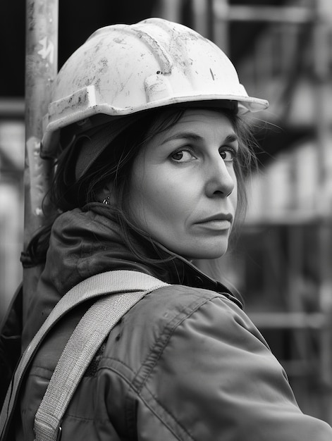 Celebrazione della Festa del Lavoro con la vista monocromatica di una donna che lavora come ingegnere