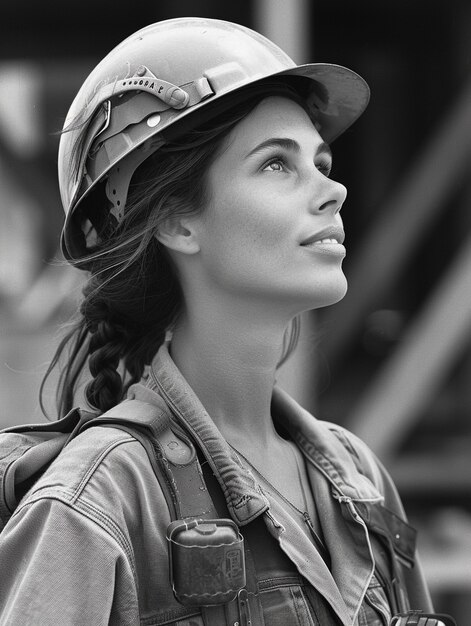 Celebrazione della Festa del Lavoro con la vista monocromatica di una donna che lavora come ingegnere