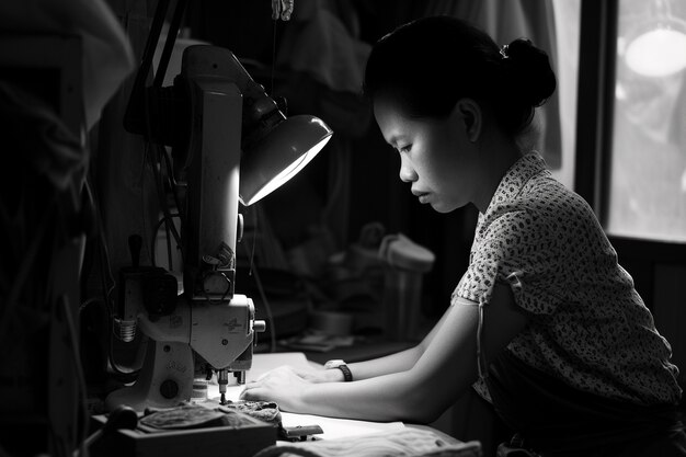 Celebrazione della Festa del Lavoro con la vista monocromatica di una donna che lavora come sarta