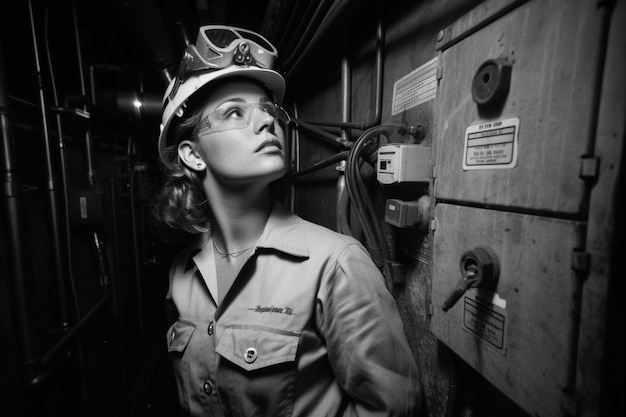 Celebrazione della Festa del Lavoro con una vista monocromatica della donna che lavora al suo lavoro