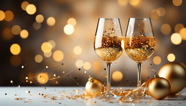 Celebrazione della lussuosa decorazione del vino champagne che brilla in oro lucido generato dall'intelligenza artificiale