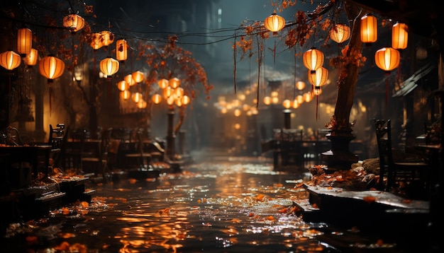 Celebrazione notturna con lanterne, candele luminose e decorazioni illuminate generate dall'intelligenza artificiale