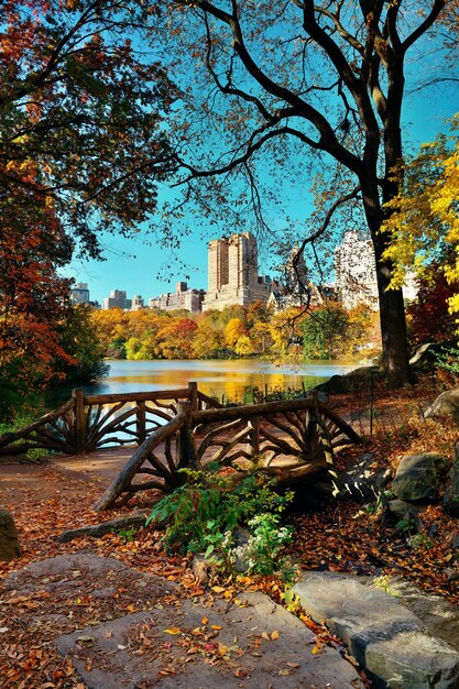 Central Park Autunno ed edifici nel centro di Manhattan New York City