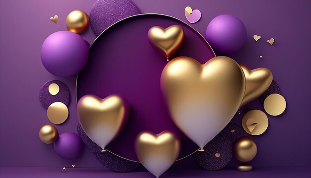 Cerchio dorato e palloncini san valentino sfondo viola 3d