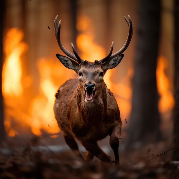 Foto gratuito cervi che fuggono dall'incendio