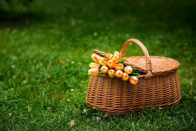 Cestino da picnic con un bouquet di tulipani