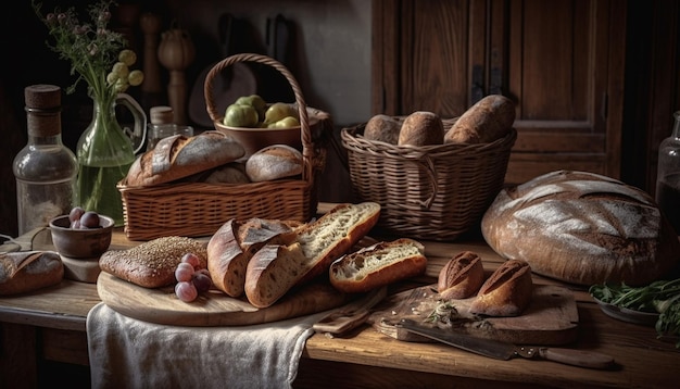 Cestino di pane rustico ripieno di ciabatta biologica generata da AI