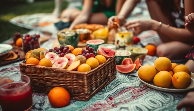 Cesto di frutta fresca biologica per un picnic all'aperto generato da AI