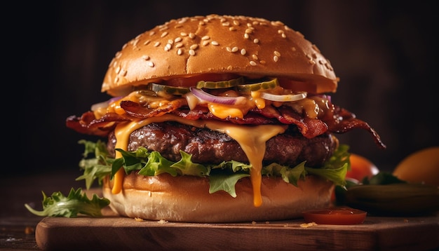 Cheeseburger alla griglia con pomodoro, cipolla e patatine fritte generate dall'intelligenza artificiale