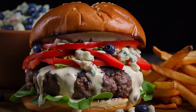 Cheeseburger alla griglia con succosa carne di manzo e patatine fritte generate dall'intelligenza artificiale