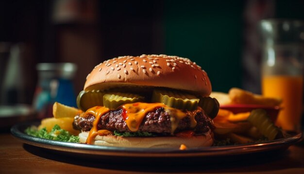 Cheeseburger alla griglia e patatine fritte un classico pasto americano generato dall'intelligenza artificiale