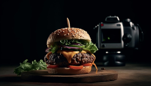 Cheeseburger alla griglia su panino al sesamo con patatine fritte generate dall'intelligenza artificiale