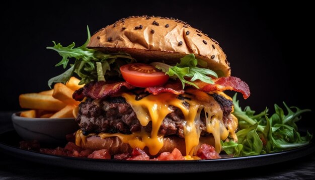 Cheeseburger gourmet alla griglia con pasto di patatine fritte generato dall'intelligenza artificiale