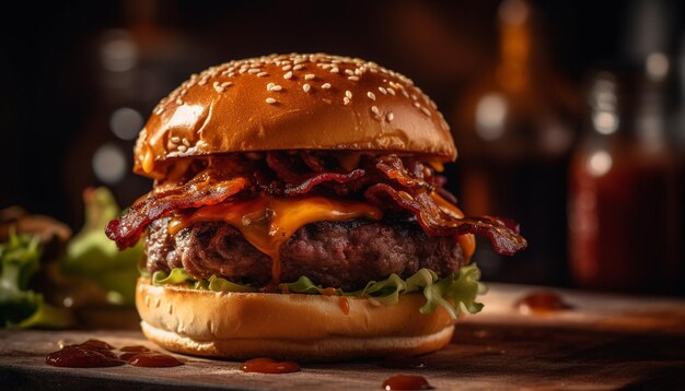 Cheeseburger gourmet alla griglia con verdure fresche e patatine fritte generate dall'intelligenza artificiale