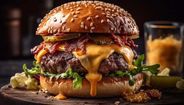 Cheeseburger gourmet con carne alla griglia pomodoro cipolla e panino rustico generato da AI