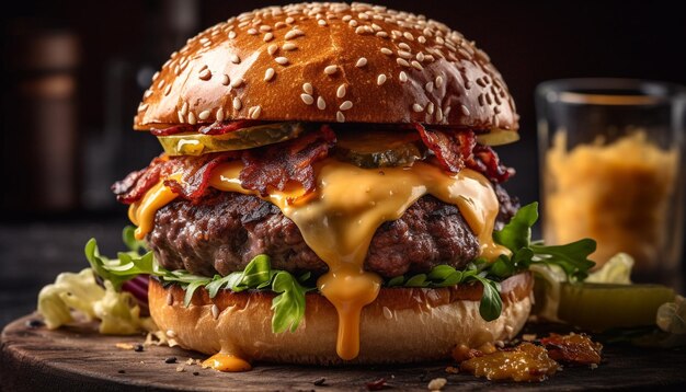 Cheeseburger gourmet con carne alla griglia pomodoro cipolla e panino rustico generato da AI