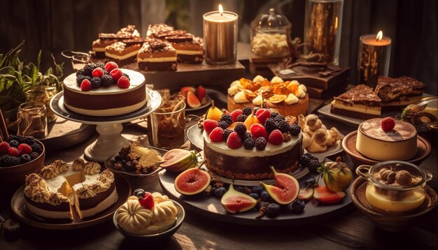 Cheesecake ai frutti di bosco dolce con decorazione al cioccolato e lampone generata dall'IA