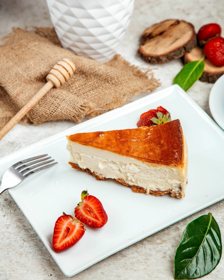 Foto gratuito cheesecake con fragola affettata laterale