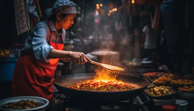 Chef che prepara un pasto cinese fresco nella cucina commerciale generata dall'intelligenza artificiale