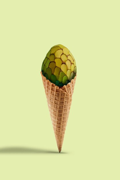 Cherimoya verde o mela da zucchero in cono di cialda dolce su sfondo giallo. Concetto di alimentazione sana, cibo, raccolto stagionale di bacche e frutti. Primo piano, copia spazio