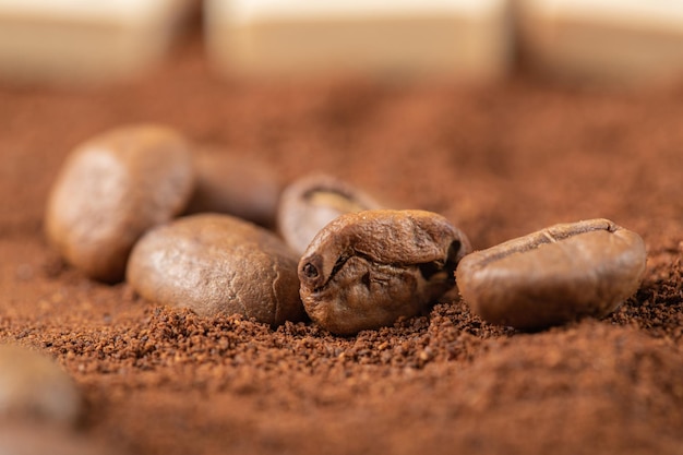 Chicchi di caffè su miscela di caffè o cacao in polvere.