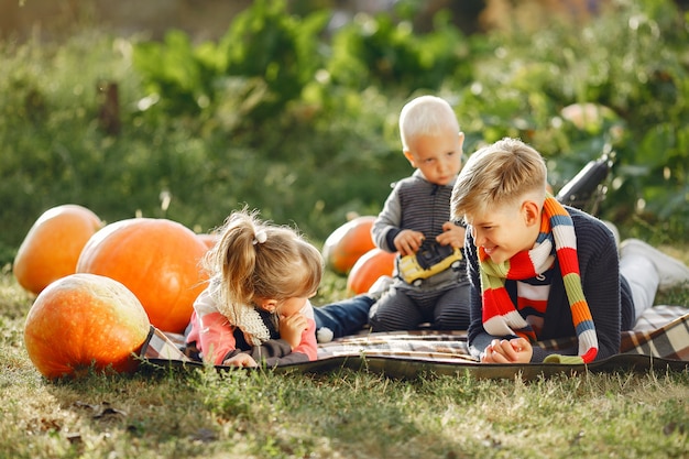 Childresn sveglio che si siede su un giardino vicino a molte zucche