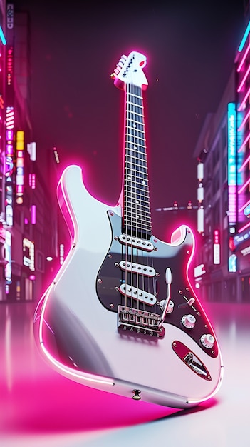 Chitarra elettrica con luce al neon natura morta