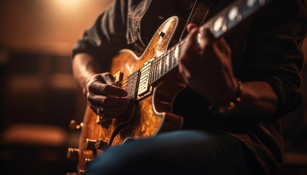 Chitarrista caucasico che suona la chitarra acustica sul palco generato dall'intelligenza artificiale