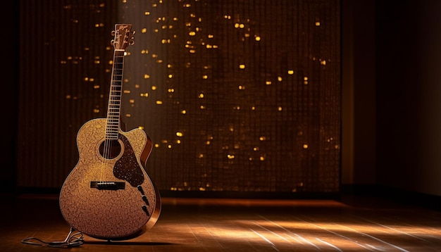 Chitarrista che suona sul palco illuminato dai riflettori generati dall'intelligenza artificiale