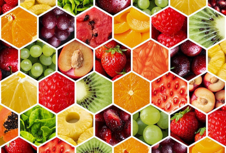 Foto gratuito chiuda il collage variopinto della struttura dei frutti su