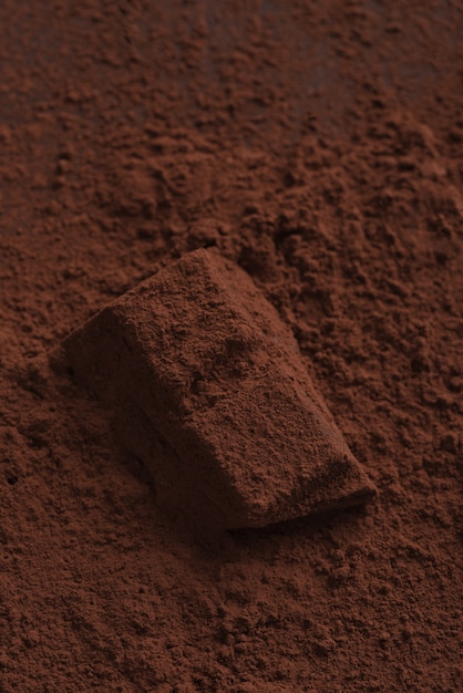Chiuda in su delle caramelle di cioccolato coperte di polvere scura