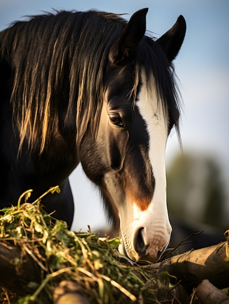 Chiuda in su sul cavallo che mangia i verdi