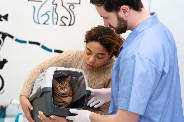 Chiuda in su uomo e donna con il gatto