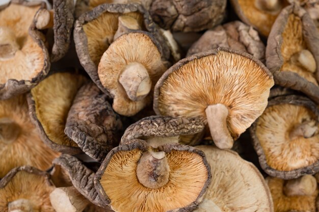 Chiuda su dei funghi di shiitake secchi su fondo di legno