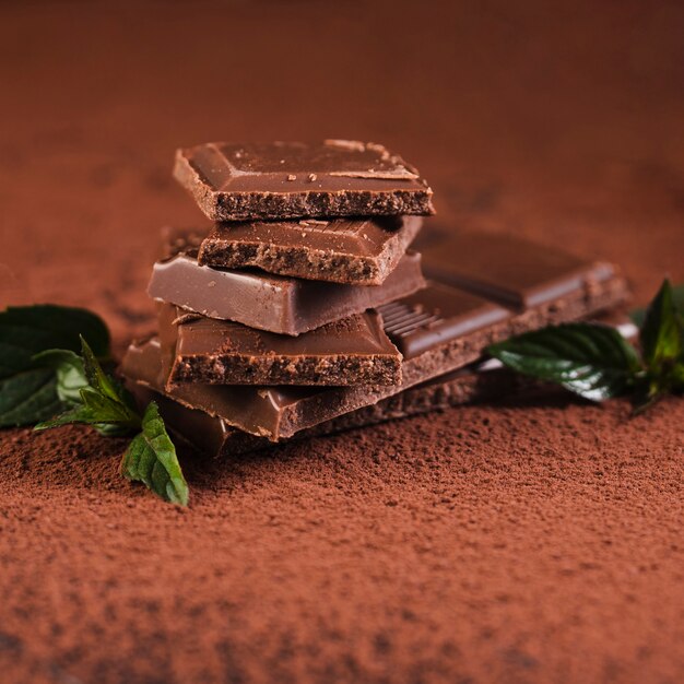 Chiuda sui quadrati della barra di cioccolato su cacao in polvere
