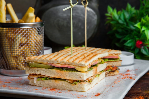 Chiuda sul panino con la patata fritta e la salsa sulla tavola di legno