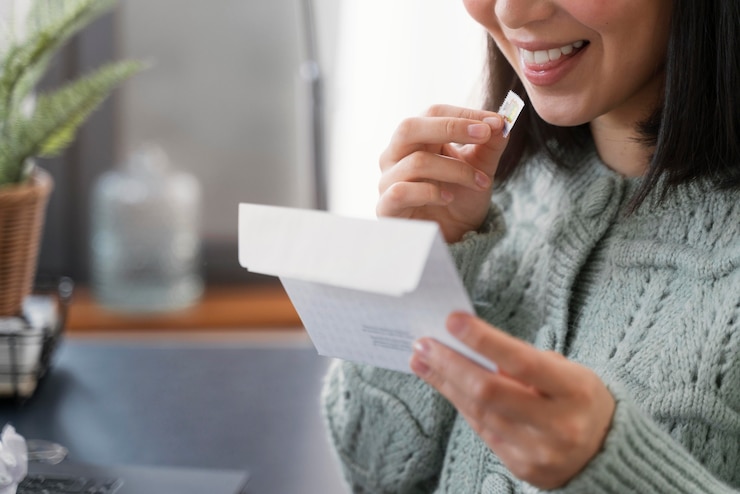 Foto gratuito chiuda sulla posta della lettura della donna