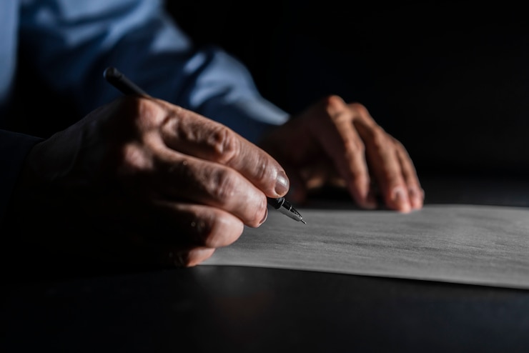 Foto gratuito chiuda sulla scrittura dell'uomo sulla carta