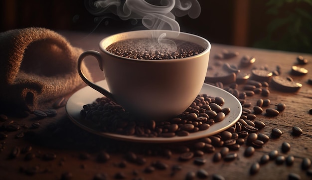 Chiuda sulla tazza di caffè sulla tavola di legno vapore che aumenta AI generativo