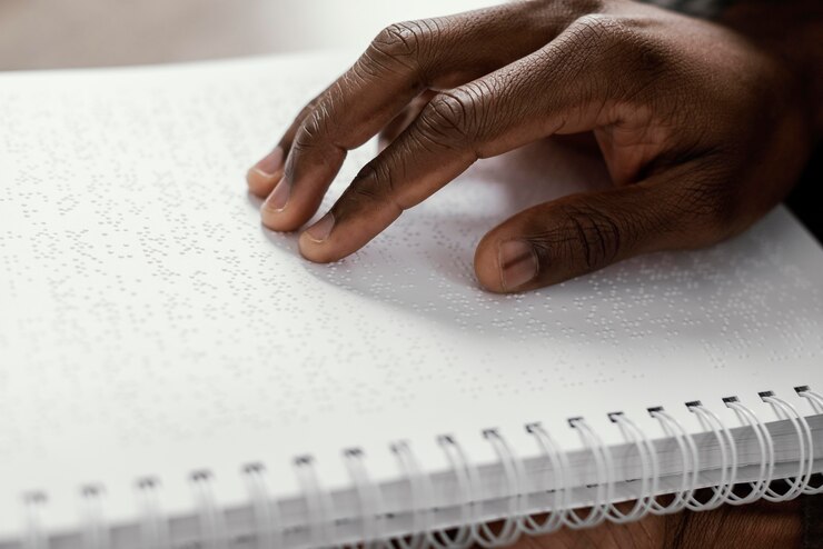 Foto gratuito chiudere la mano sul taccuino braille