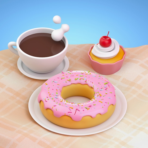 Ciambella e tazza di caffè in stile cartone animato