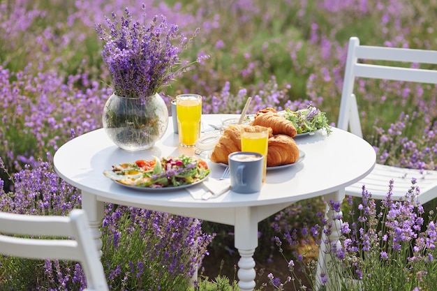 Cibo servito in tavola in un campo di lavanda