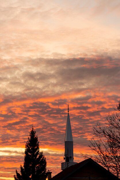 Cielo al tramonto con alberi e costruzione