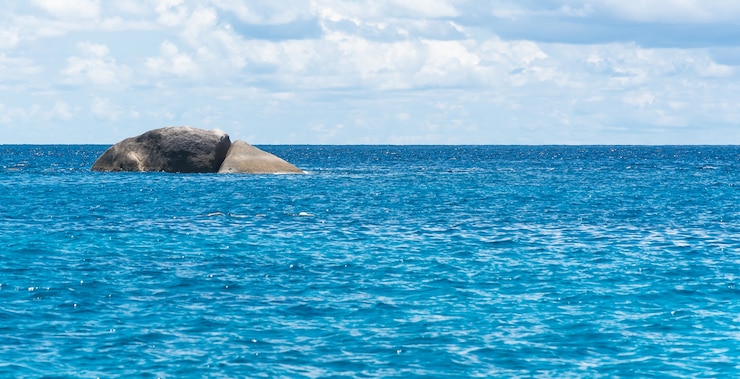 Foto gratuito cielo blu con mare e roccia