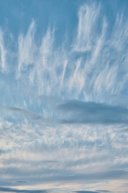 Cielo con cirri e strati di nuvole cornice verticale grandangolare contrasto sfondo diurno della natura