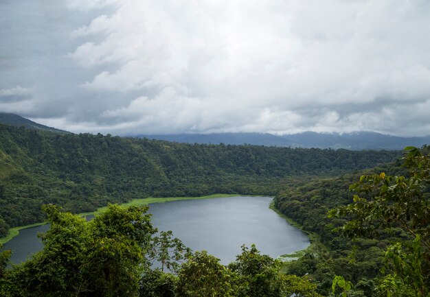 Cielo nuvoloso sopra la bella foresta pluviale e il lago