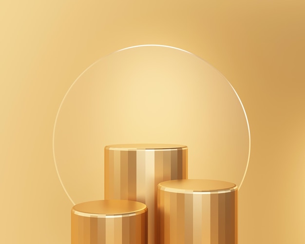 Cilindro con piedistallo in oro lusso premium podio sfondo 3D illustrazione visualizzazione vuota scena presentazione per il posizionamento del prodotto
