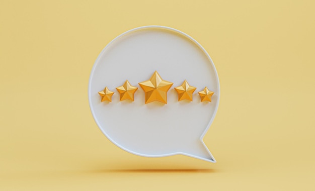 Cinque stelle dorate all'interno della finestra di messaggio bianca per un'eccellente valutazione del cliente mediante rendering 3d