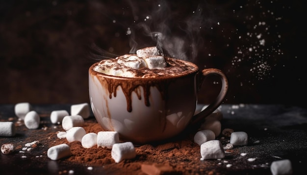 Cioccolata calda gourmet con marshmallow e biscotti generati dall'intelligenza artificiale